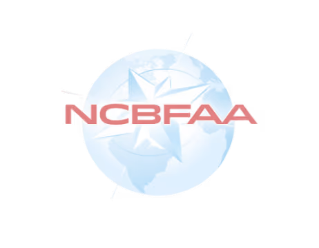 Light blue globe with a white compass rose and red letters NCBFAA across the center.